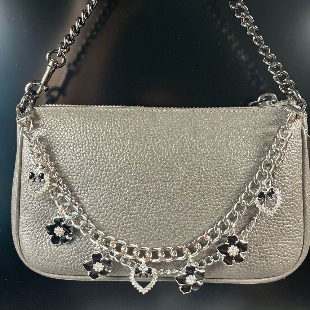 Bag Charm Chain in Silver Tone Hardware  and Black Flowers and Hearts